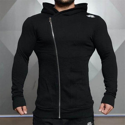 New Gyms Slim Fit Hoodies in black, showcasing a sleek zipper design and a fitted silhouette.