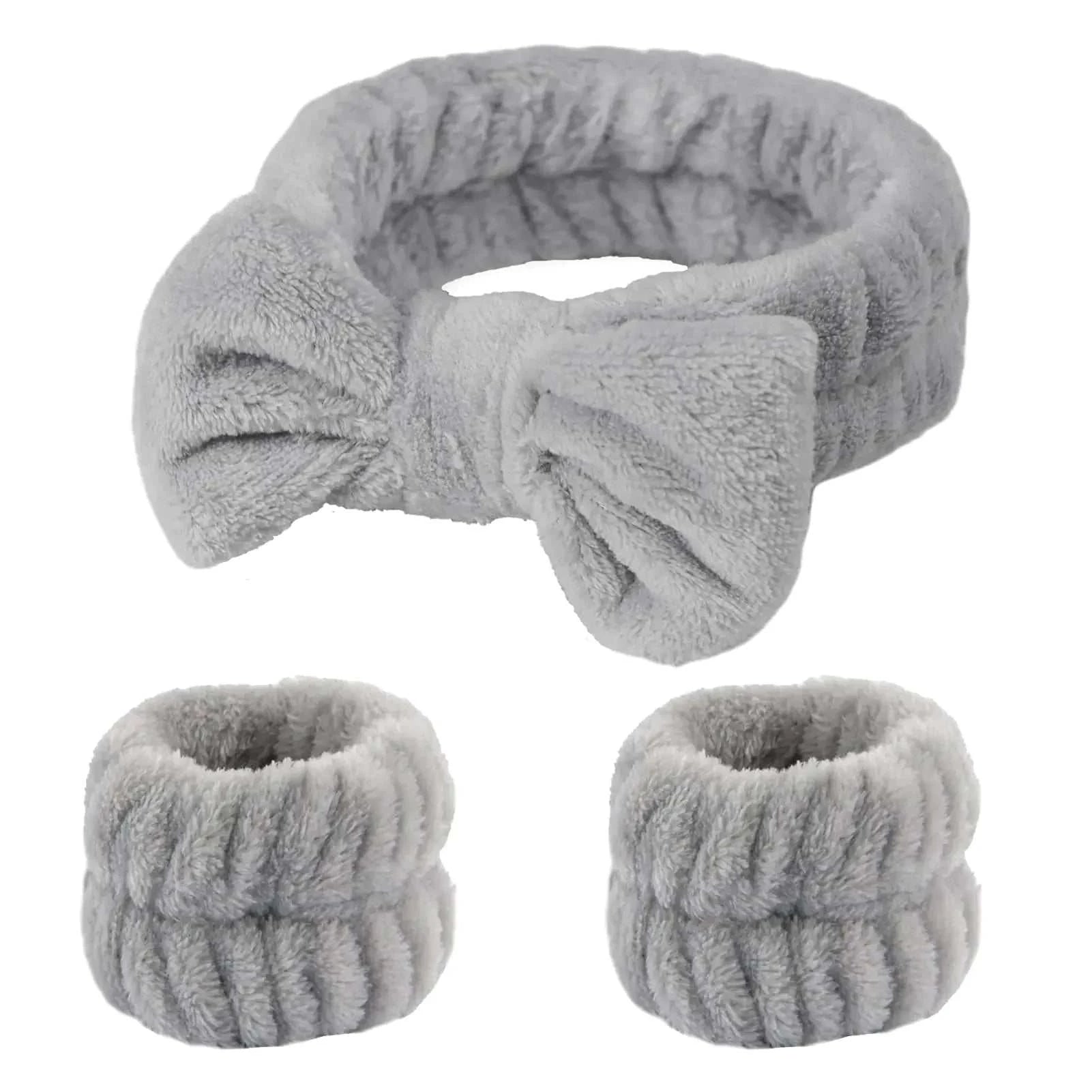 Set Bandeau Spa Fmeida - Bandeau et Bracelets pour Soins Visage Gris 3 Pièces