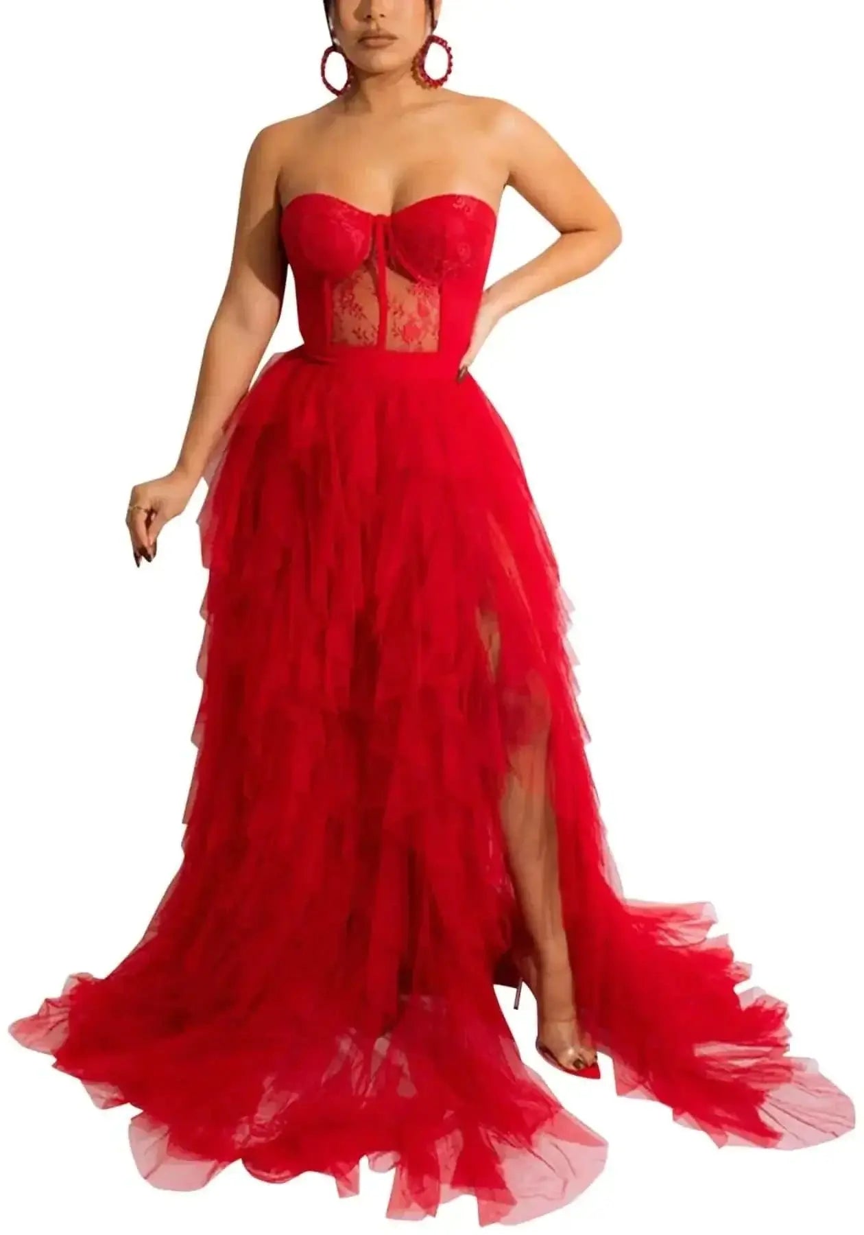 Robe Tulle Dentelle Sexy - Maxi Transparente Rouge Cocktail