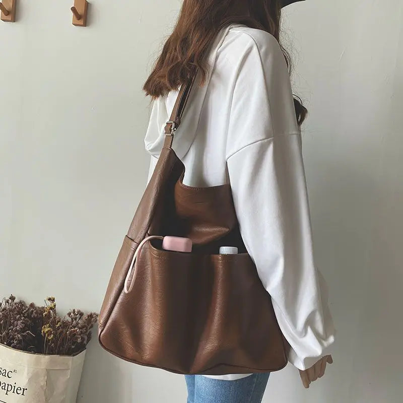 Sac Seau Vintage en Cuir Souple - Grande Capacité pour Femme