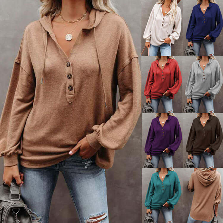 Autumn and Winter Solid Color Loose Hooded Woman in various colors, featuring a loose fit and button details.