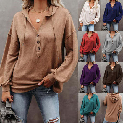 Autumn and Winter Solid Color Loose Hooded Woman in various colors, featuring a loose fit and button details.