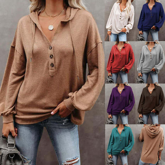 Autumn and Winter Solid Color Loose Hooded Woman in various colors, featuring a loose fit and button details.