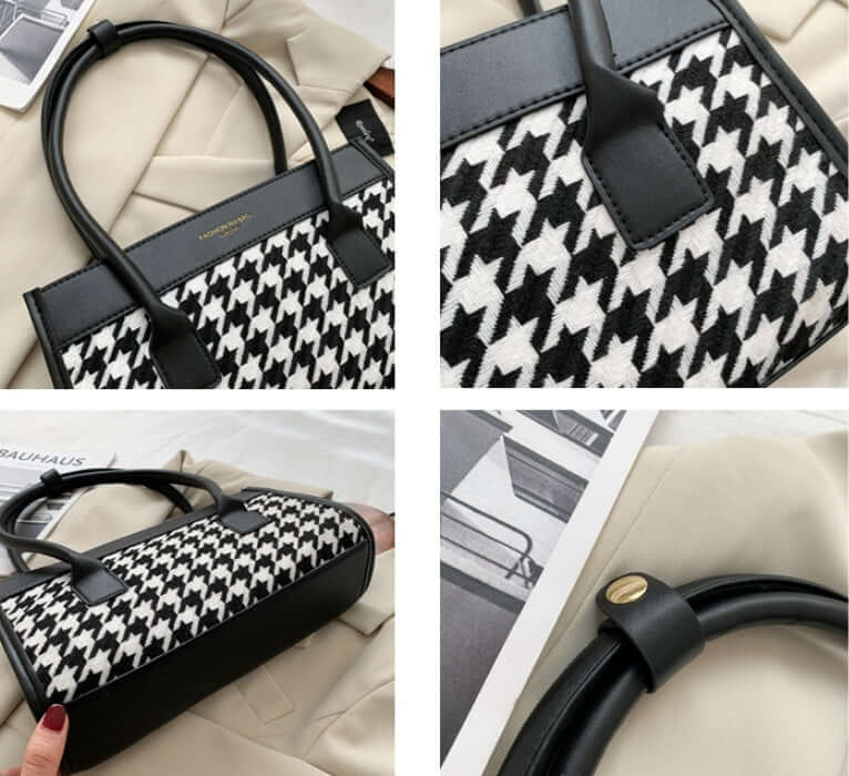 New Tide Autumn Winter Fashion Versatile Plaid Hand Carry Bags featuring black and white houndstooth pattern and stylish handles.