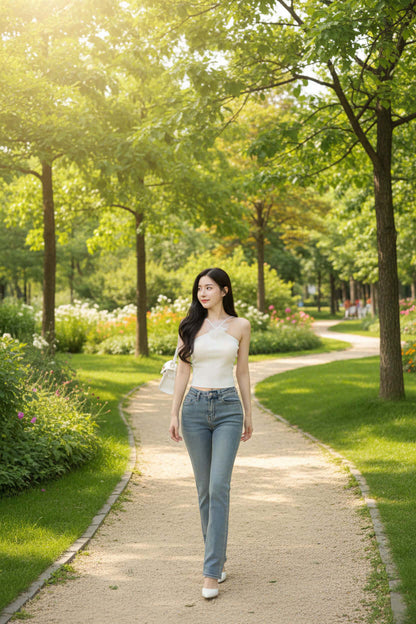 Woman wearing a Temperament Halter Knit Camisole Woman, walking in a sunny park with green trees.