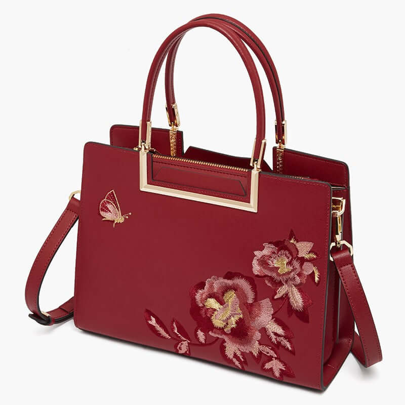 Fashion Embroidered Crossbody Bag Women with floral embroidery and elegant design in red leather.