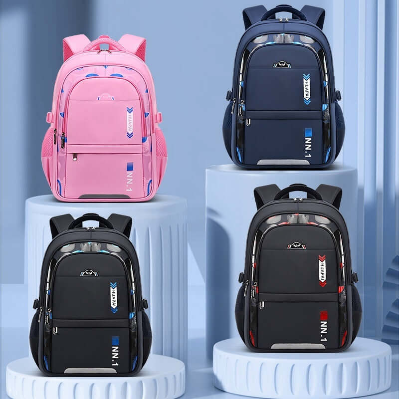 Kids & Teen School Backpack – Large Capacity Oxford Cloth Bag in pink, blue, and black colors displayed on podiums.