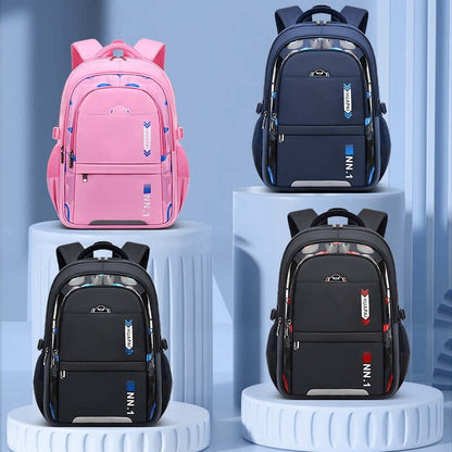 Kids & Teen School Backpack – Large Capacity Oxford Cloth Bag in pink, blue, and black colors displayed on podiums.