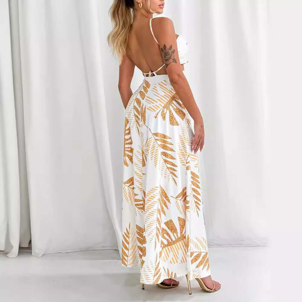 Fashion Printed Dress For Woman with a sleeveless design and a flowy long skirt featuring a floral pattern in apricot.
