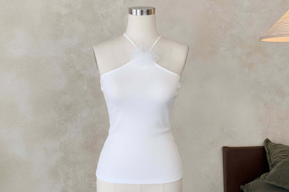 Temperament Halter Knit Camisole Woman displayed on a mannequin in white with a sleek slim-fit design.