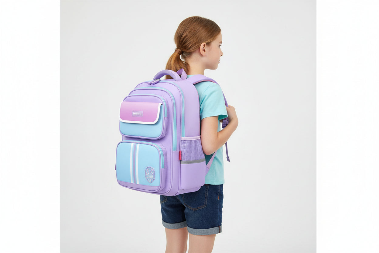 Kids' Spine Protection School Backpack – Lightweight Waterproof Bag + Free Pencil Case in purple blue color with detailed dimensions.