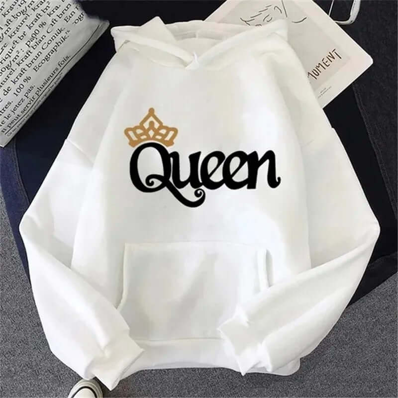 QUEEN Print Hoodies Fleece Hooded Sweatshir in white with gold crown design.