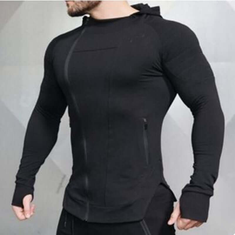 New Gyms Slim Fit Hoodies model showcasing a black, fitted hoodie design with zip and long sleeves.