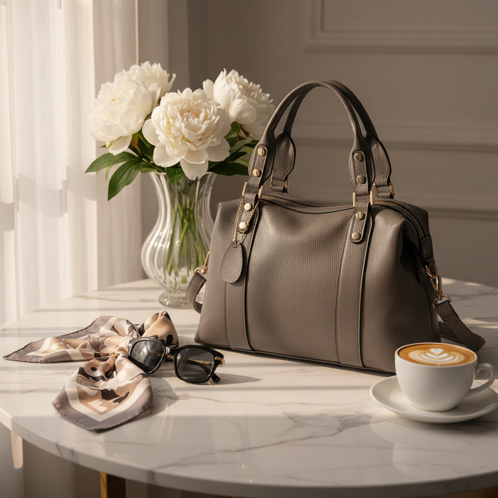 Fashion Women Bags Ladies Hand Bags Shoulder Bag Handbag on a marble table with coffee and flowers.