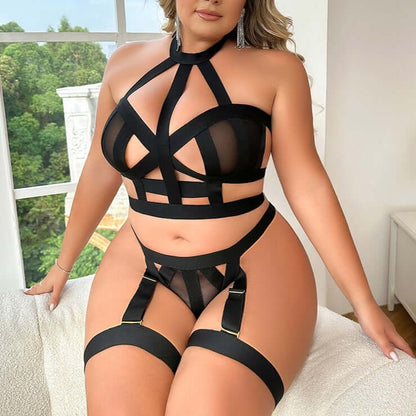 Fat Woman Sexy Lingerie Suit featuring black lace design and stylish cut-outs for a bold look.