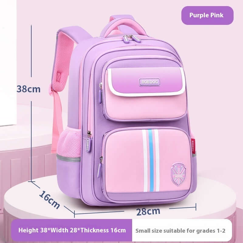 Kids' Spine Protection School Backpack – Lightweight Waterproof Bag + Free Pencil Case in purple pink color with dimensions.