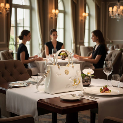 Cowhide Floral Crossbody Shoulder Bag for Cheongsam on a dining table with elegant setting.