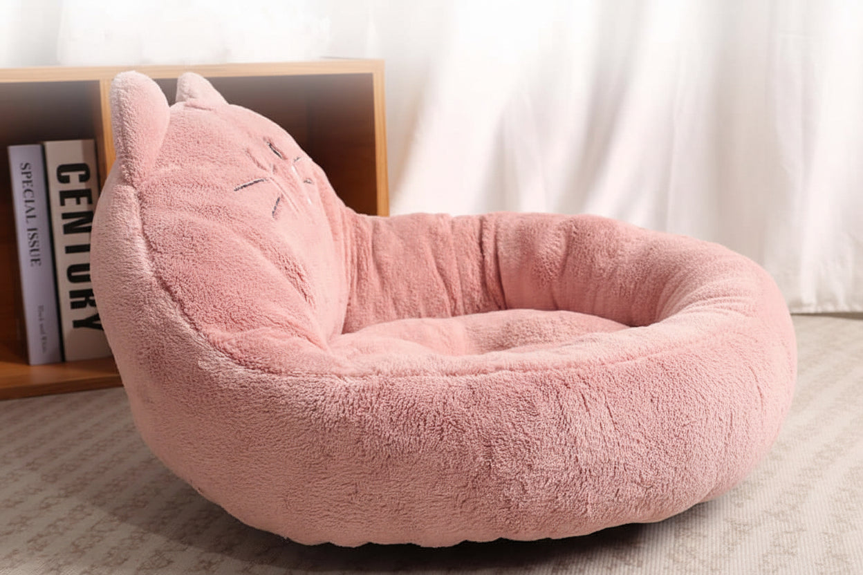 trending cartoon pet bed in soft pink color, designed for comfort for dogs and cats.