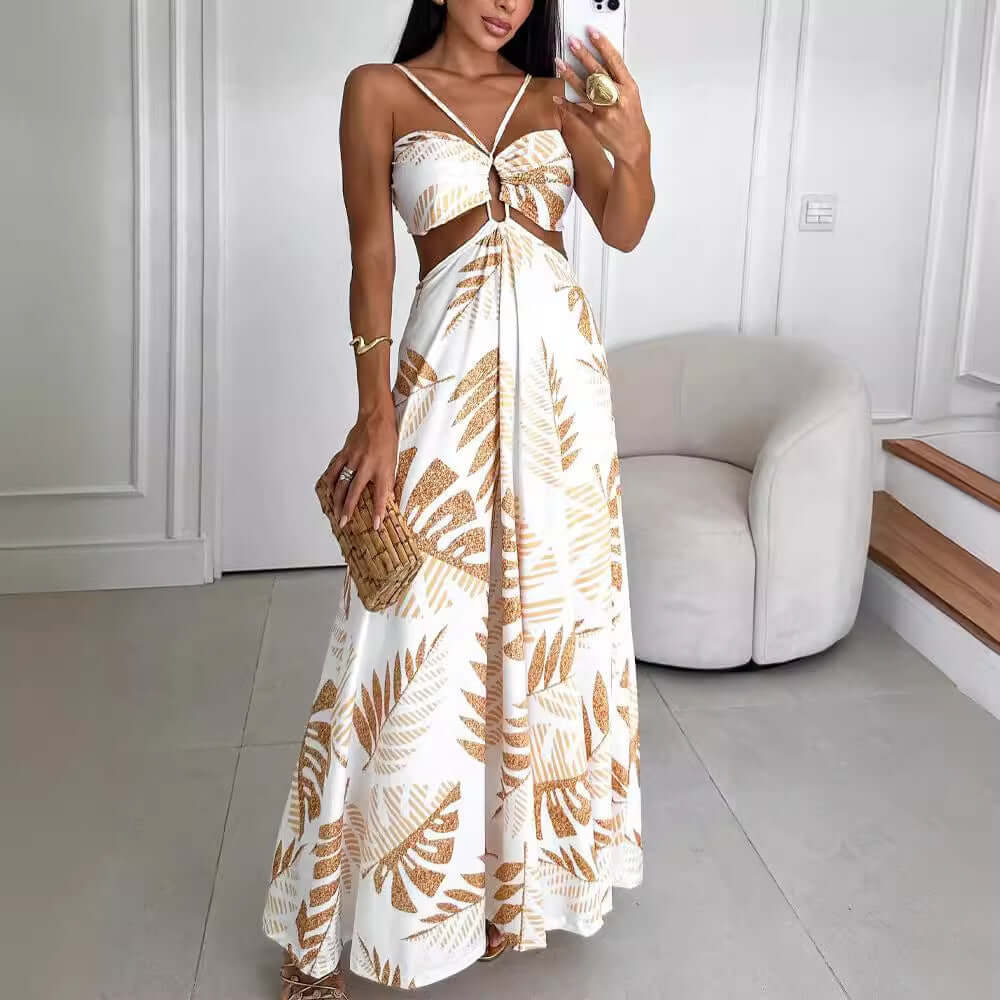 Fashion Printed Dress For Woman featuring a sleeveless design with a floral pattern in a long maxi style.