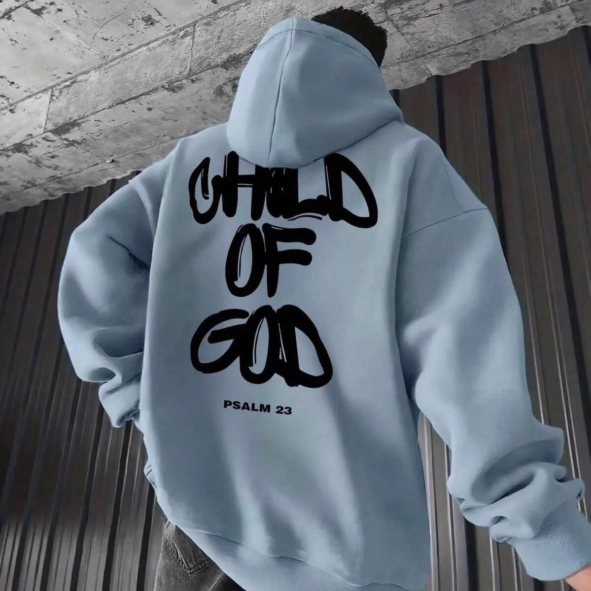 Men's Letter Print Fleece-Lined Hoodie – Casual Pullover Sweatshirt in blue with 'CHILD OF GOD' design