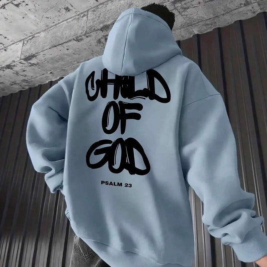 Men's Letter Print Fleece-Lined Hoodie – Casual Pullover Sweatshirt in blue with 'CHILD OF GOD' design