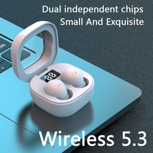SK19 Wireless Bluetooth Headset Noise Reduction High Sound Quality in compact charging case on laptop.