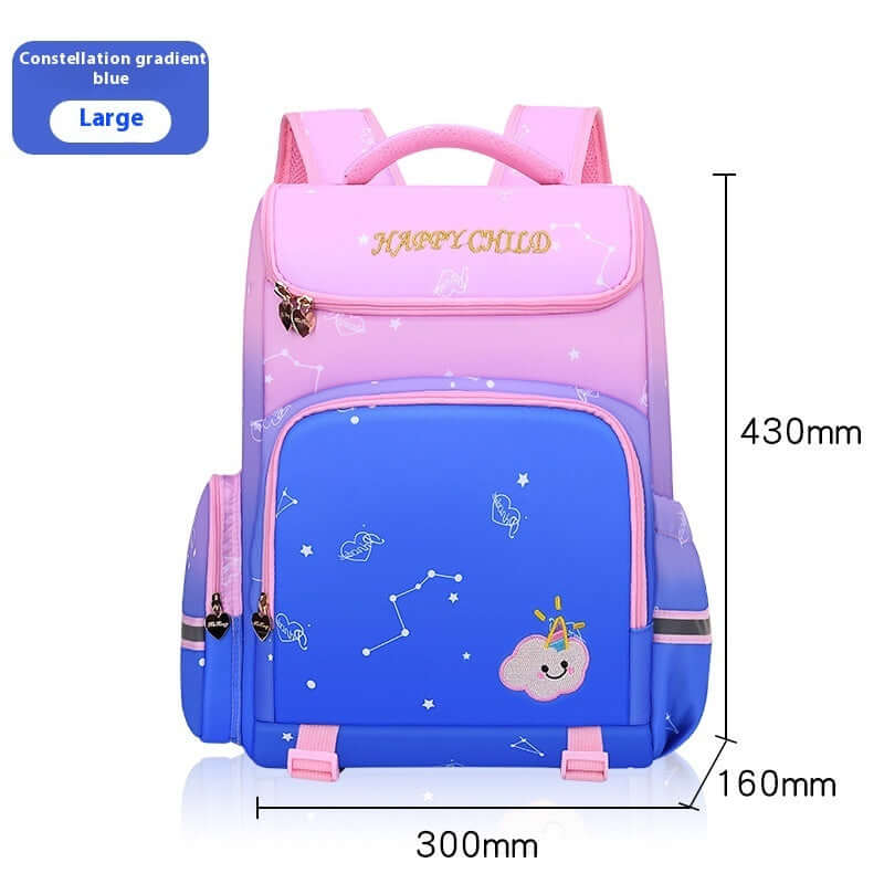 Kids' Starry Sky Backpack – Spine Protection & Waterproof School Bag in gradient blue design with cloud and star patterns.