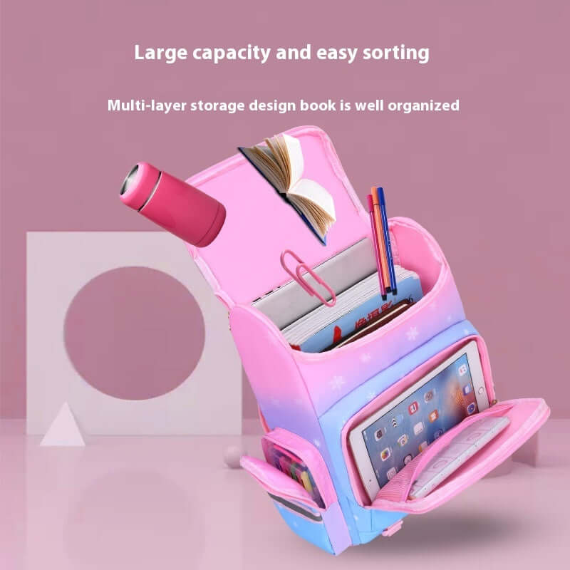 Kids' Starry Sky Backpack – Spine Protection & Waterproof School Bag showing large capacity and multi-layer storage design.