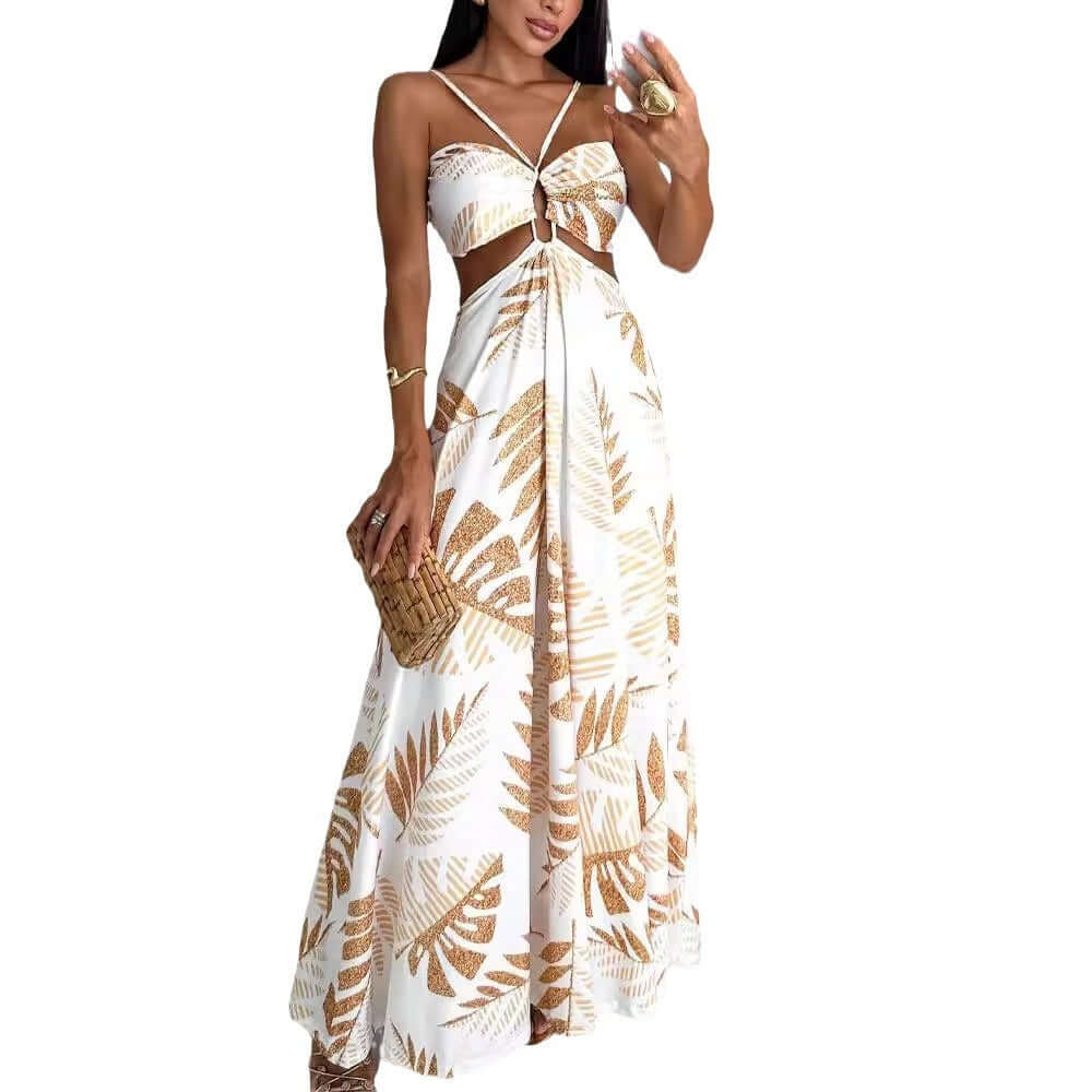 Fashion Printed Dress For Woman featuring a sleeveless design with a floral pattern and a long skirt.