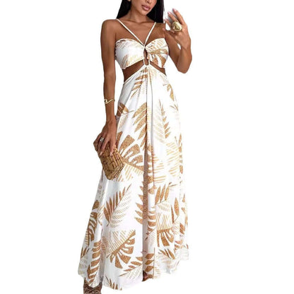 Fashion Printed Dress For Woman featuring a sleeveless design with a floral pattern and a long skirt.