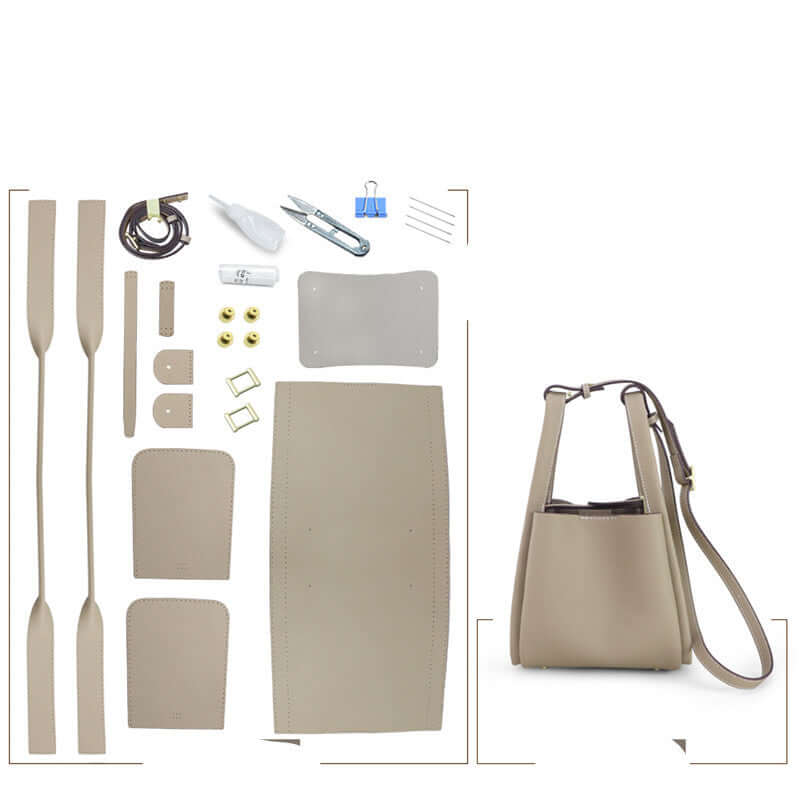Make Your Own Leather Bags Hand Sewing Handmade Leather Goods kit, materials and finished bag displayed.