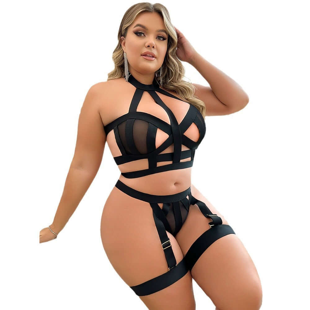Fat Woman Sexy Lingerie Suit in black lace fabric, featuring a strappy design and stylish cut.