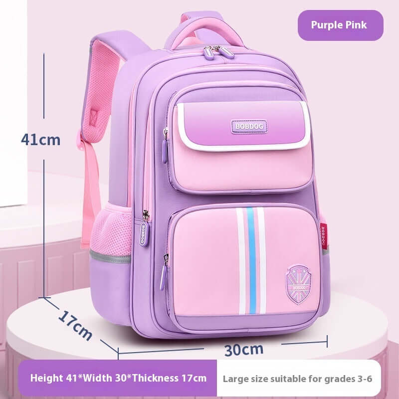 Kids' Spine Protection School Backpack – Lightweight Waterproof Bag + Free Pencil Case in purple pink color with dimensions.