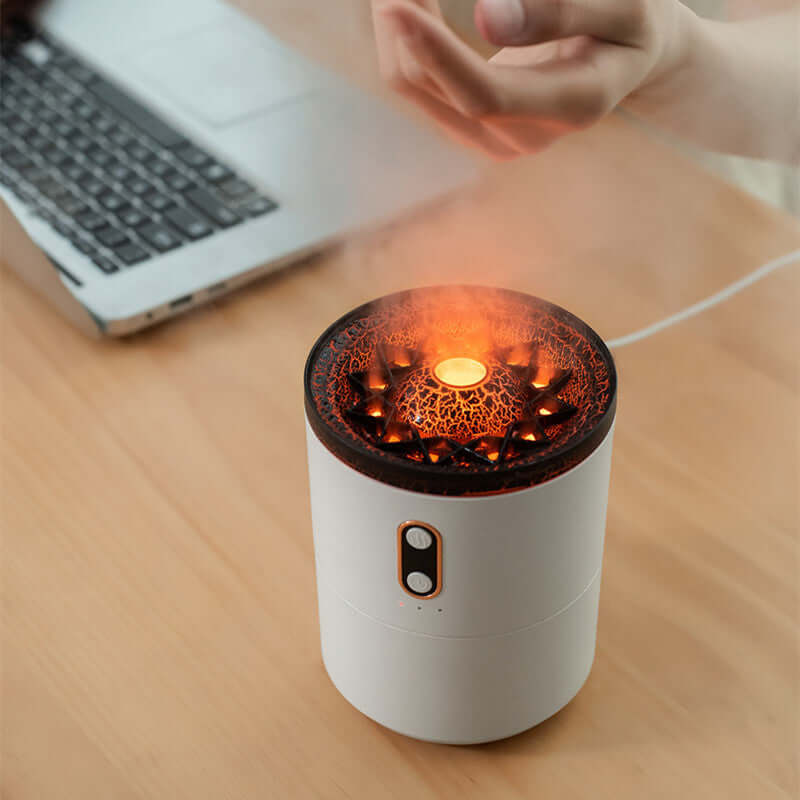 New Creative Ultrasonic Essential Oil Humidifier Volcano Aromatherapy Machine Spray Jellyfish Air Flame Humidifier Diffuser in use