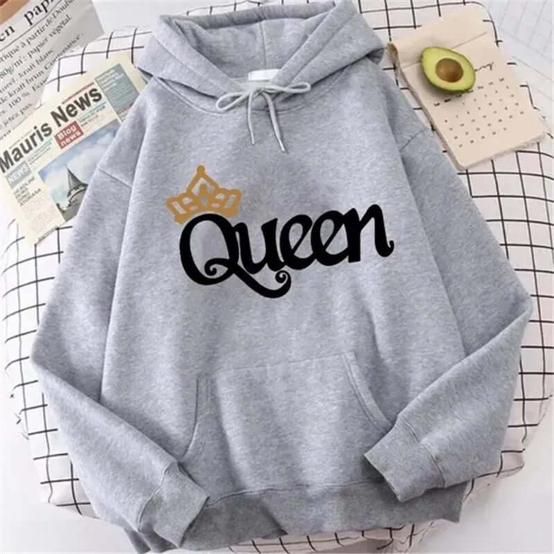QUEEN Print Hoodies Fleece Hooded Sweatshir in gray color with crown design, perfect for casual wear.