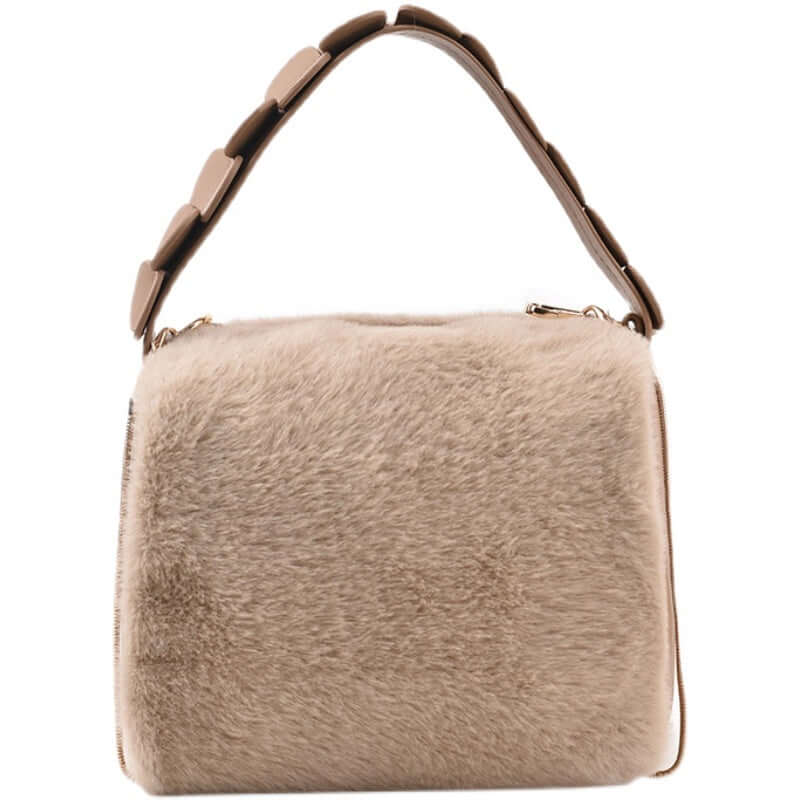 Autumn And Winter Small Furry Crossbody Hand Bag Female Bags with soft surface and zipper closure in plain design.