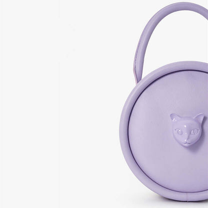 Women’s Cat Head Leather Crossbody Shoulder Bag in lavender color with unique cat head design.