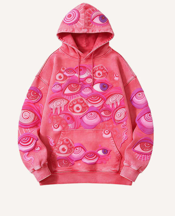 Women's Quirky Personality Pullover Hoodie – Casual Fleece Sweatshirt in vibrant pink with eye graphic design.