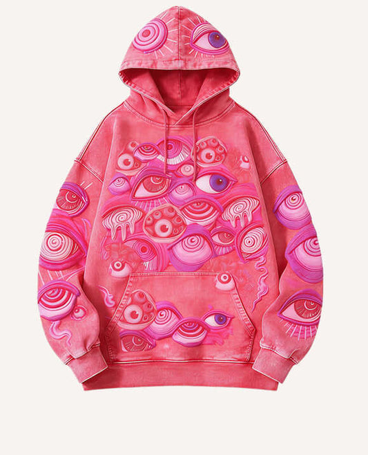 Women's Quirky Personality Pullover Hoodie – Casual Fleece Sweatshirt in vibrant pink with eye graphic design.