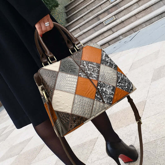 Women’s Plaid Patchwork Shoulder Bag With Single Strap held by a woman, showcasing stylish patchwork design and single strap.