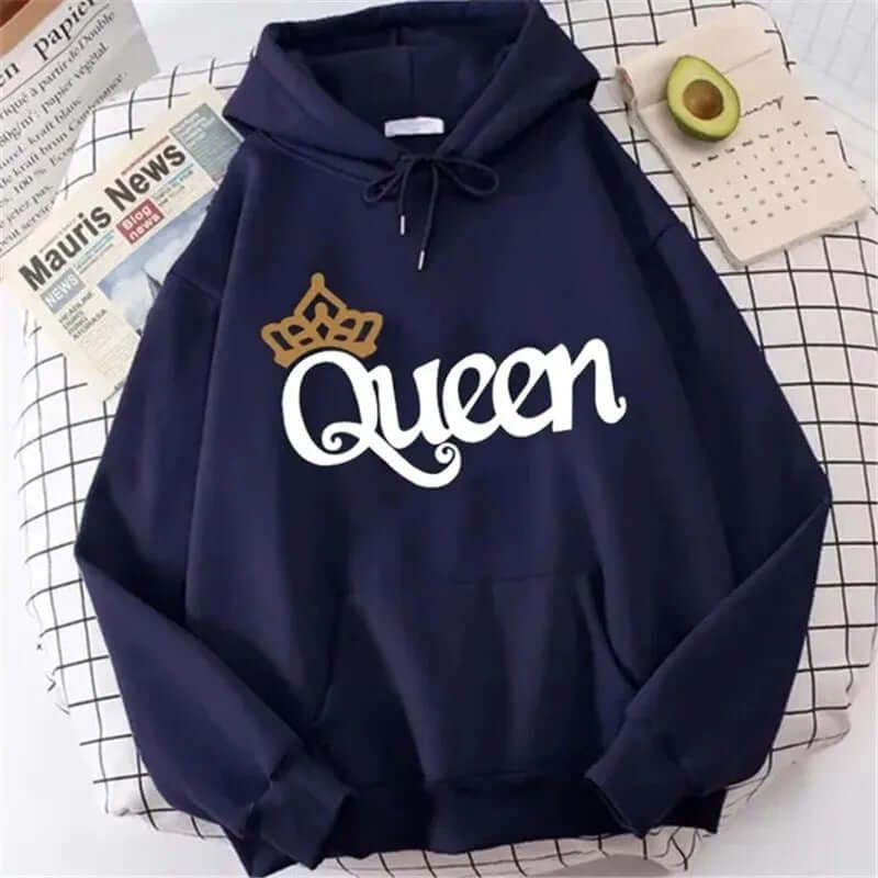 QUEEN Print Hoodies Fleece Hooded Sweatshir in navy color with crown design and casual style.