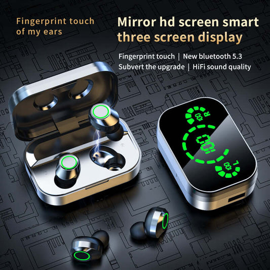 YD03 wireless Bluetooth headset showing mirror HD screen, smart three-screen display, and fingerprint touch features.