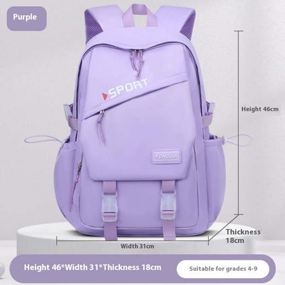 Girls' Large Capacity School Backpack – Waterproof Oxford Bag for Teens in purple color with dimensions.