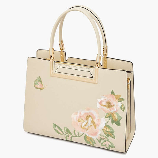Fashion Embroidered Crossbody Bag Women with floral embroidery design in soft beige.