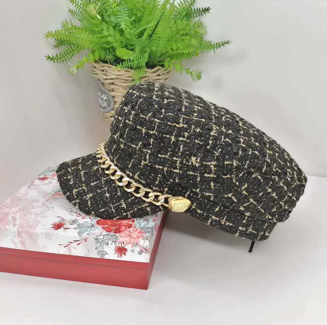 Vintage Little Incense Style Tweed Navy Hat Octagonal Hat Woman displayed on a floral background with a decorative basket.