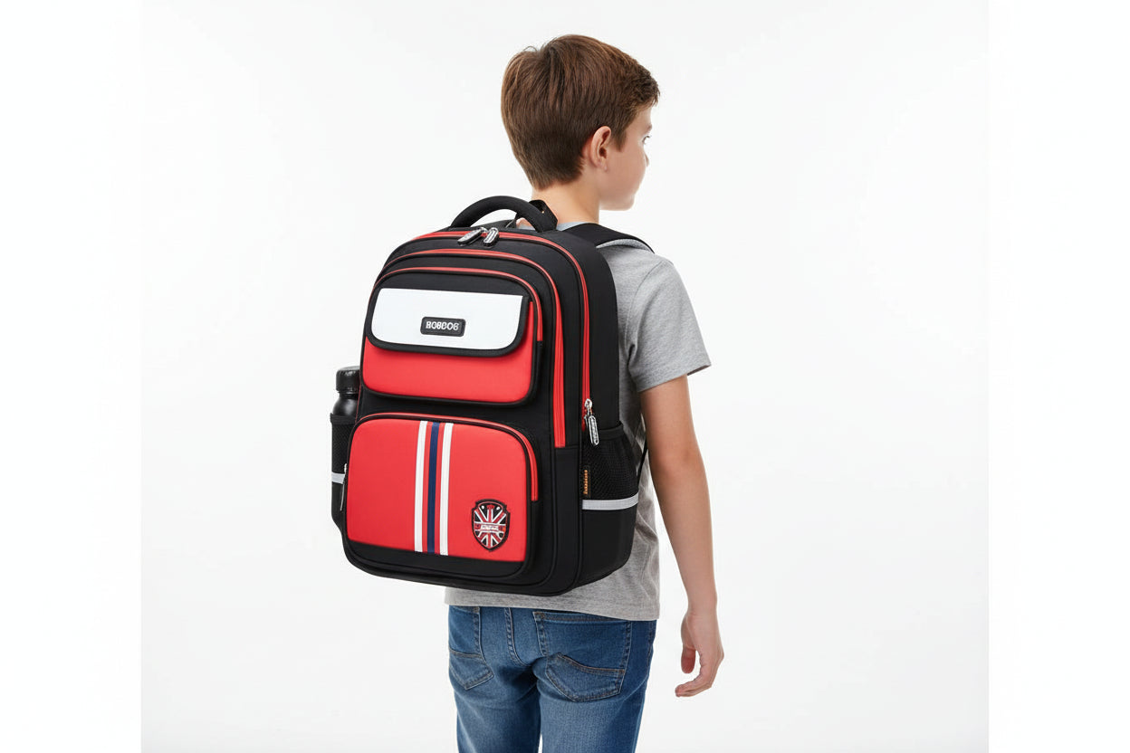 Kids' Spine Protection School Backpack – Lightweight Waterproof Bag + Free Pencil Case in black and red color.