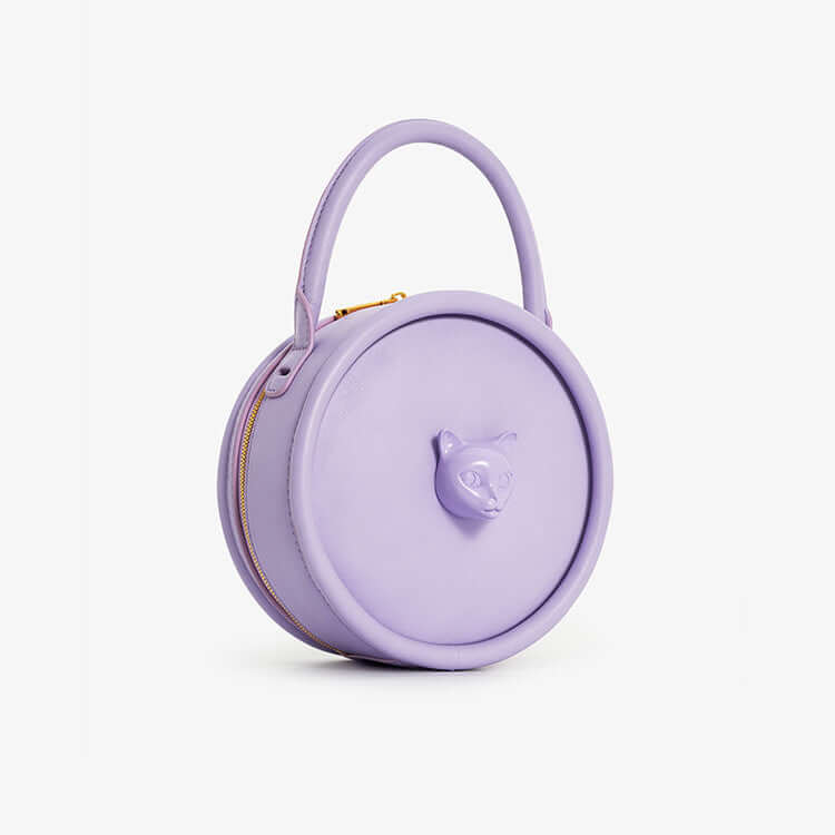 Women’s Cat Head Leather Crossbody Shoulder Bag in purple with unique round design and cat face detail.