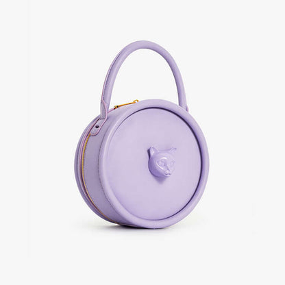 Women’s Cat Head Leather Crossbody Shoulder Bag in purple with unique round design and cat face detail.