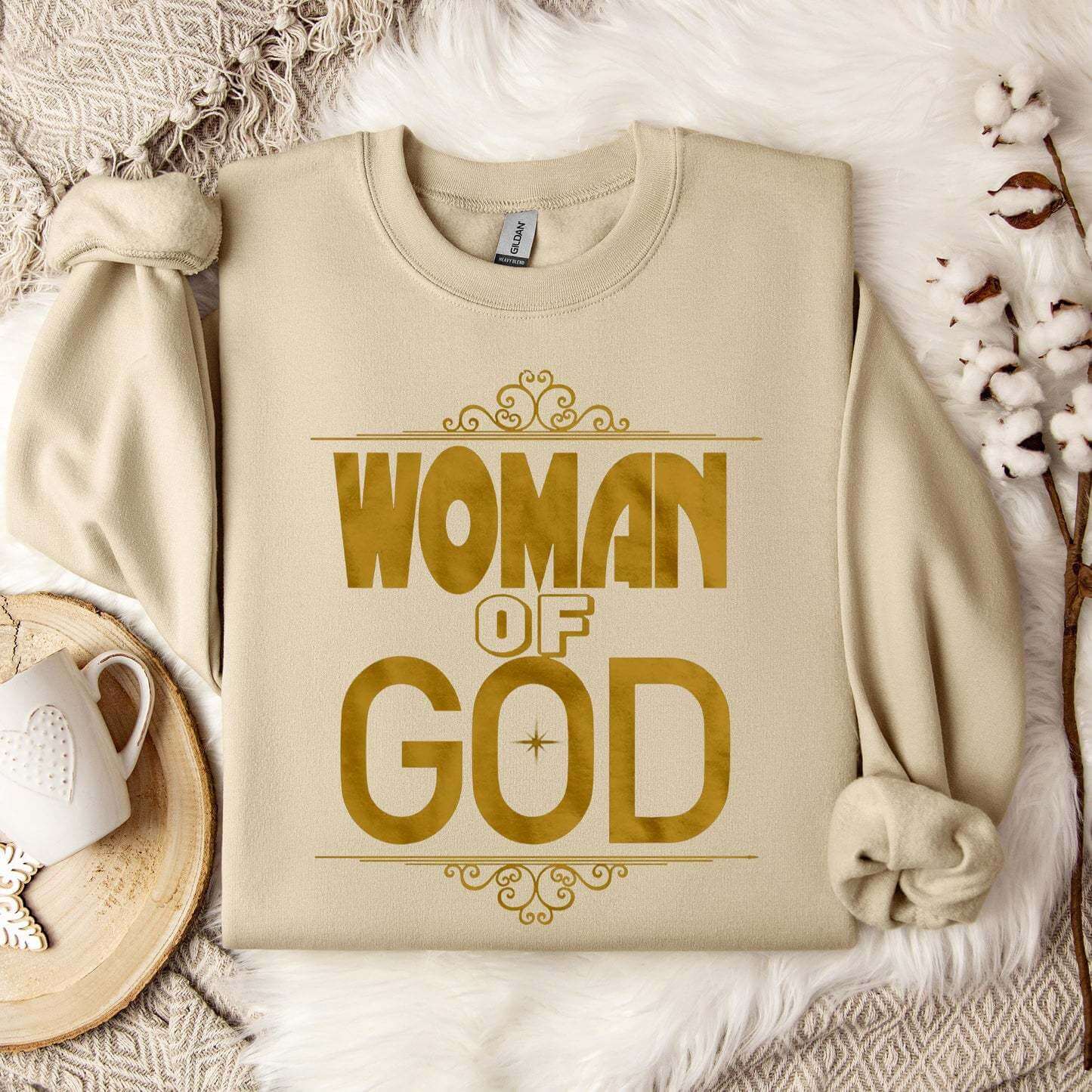 God Sweatshirt Long Sleeved Hoodies with stylish Woman of God print on a beige pullover.