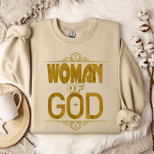 God Sweatshirt Long Sleeved Hoodies with stylish Woman of God print on a beige pullover.